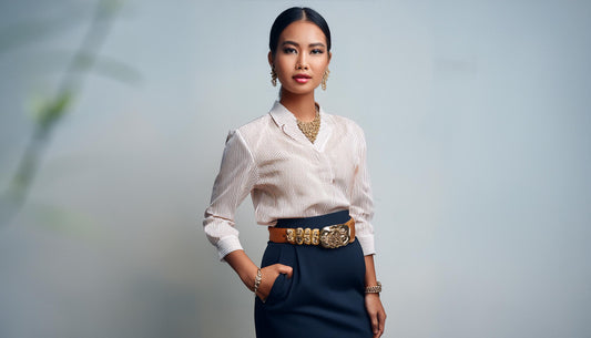 Petite woman wearing a high-waisted skirt and tailored blouse, accessorized with a statement belt and delicate jewelry, showcasing petite fashion tips from Greenvine Grove.