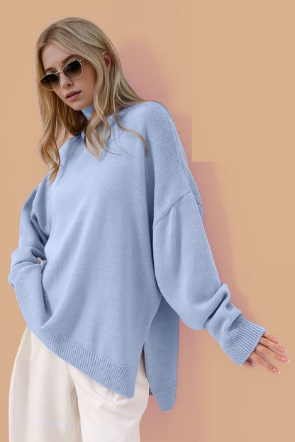 Basic Bae Side Slit Turtleneck Long Sleeve Sweater