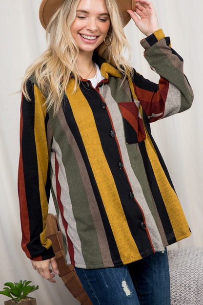 PLUS SIZE COZY STRIPE BUTTON DOWN SHACKET