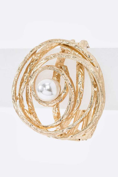 Pearl Accent Oversize Textured Hinged Bangle