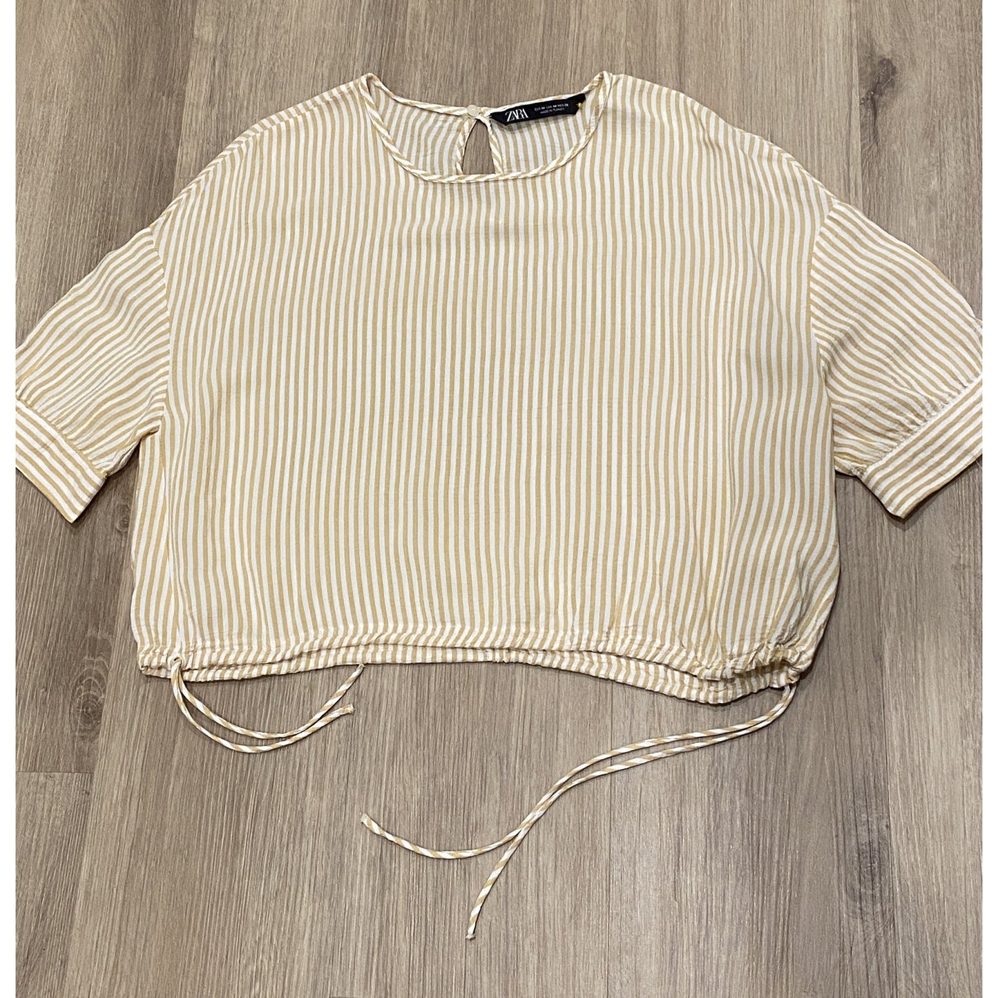 ZARA Yellow White Stripped Side Tie Short Sleeve Crop Top - Size M