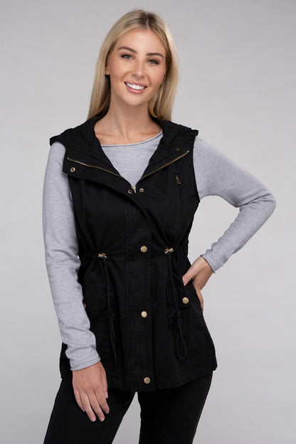 Drawstring Waist Military Hoodie Vest in Burgandy