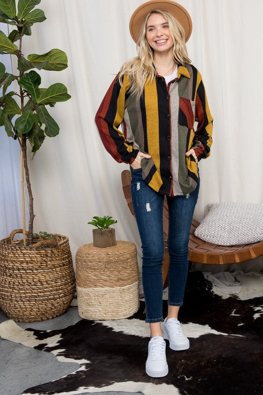 PLUS SIZE COZY STRIPE BUTTON DOWN SHACKET