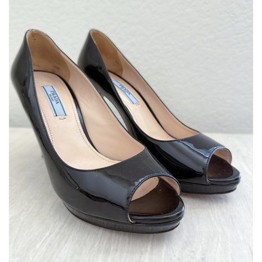 Prada Patent Leather Peep-Toe Pumps - Size 36.5 EU