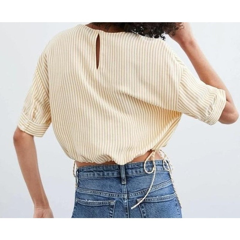 ZARA Yellow White Stripped Side Tie Short Sleeve Crop Top - Size M