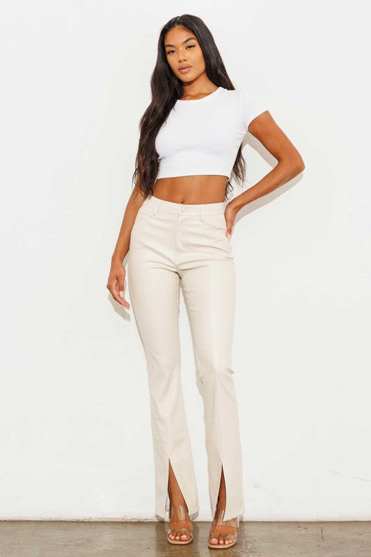 Vegan Leather Front Slit Bootcut Pants