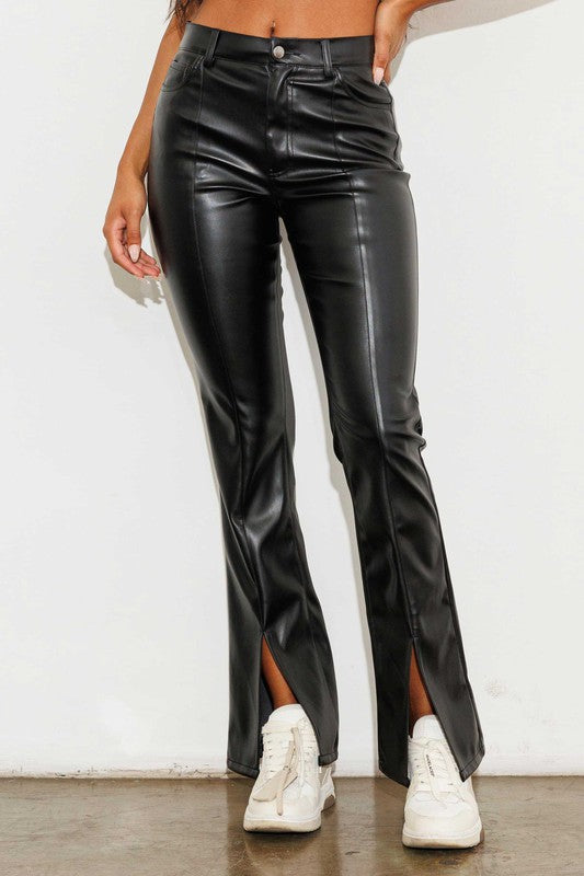 Vegan Leather Front Slit Bootcut Pants