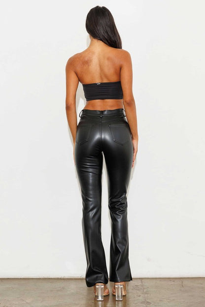 Vegan Leather Side Slit Bootcut Pants