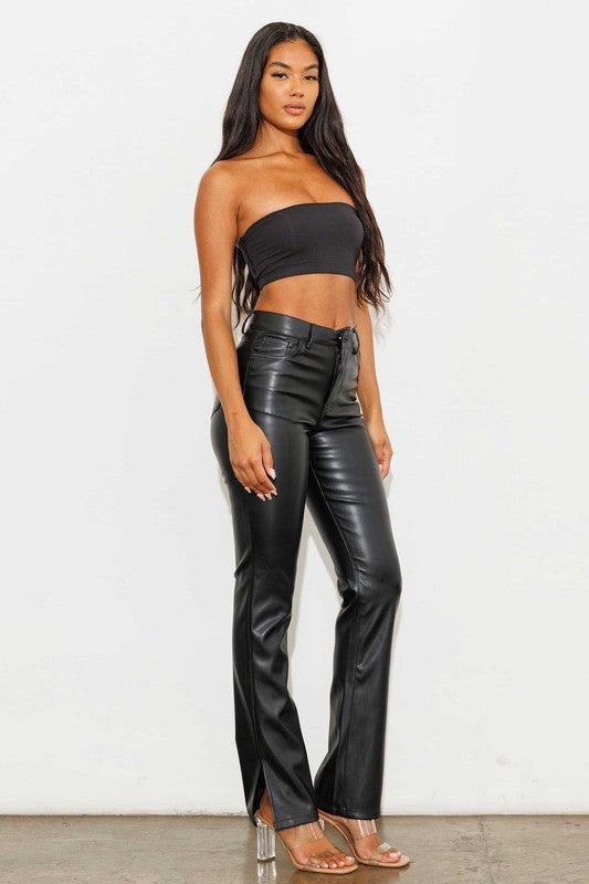 Vegan Leather Side Slit Bootcut Pants