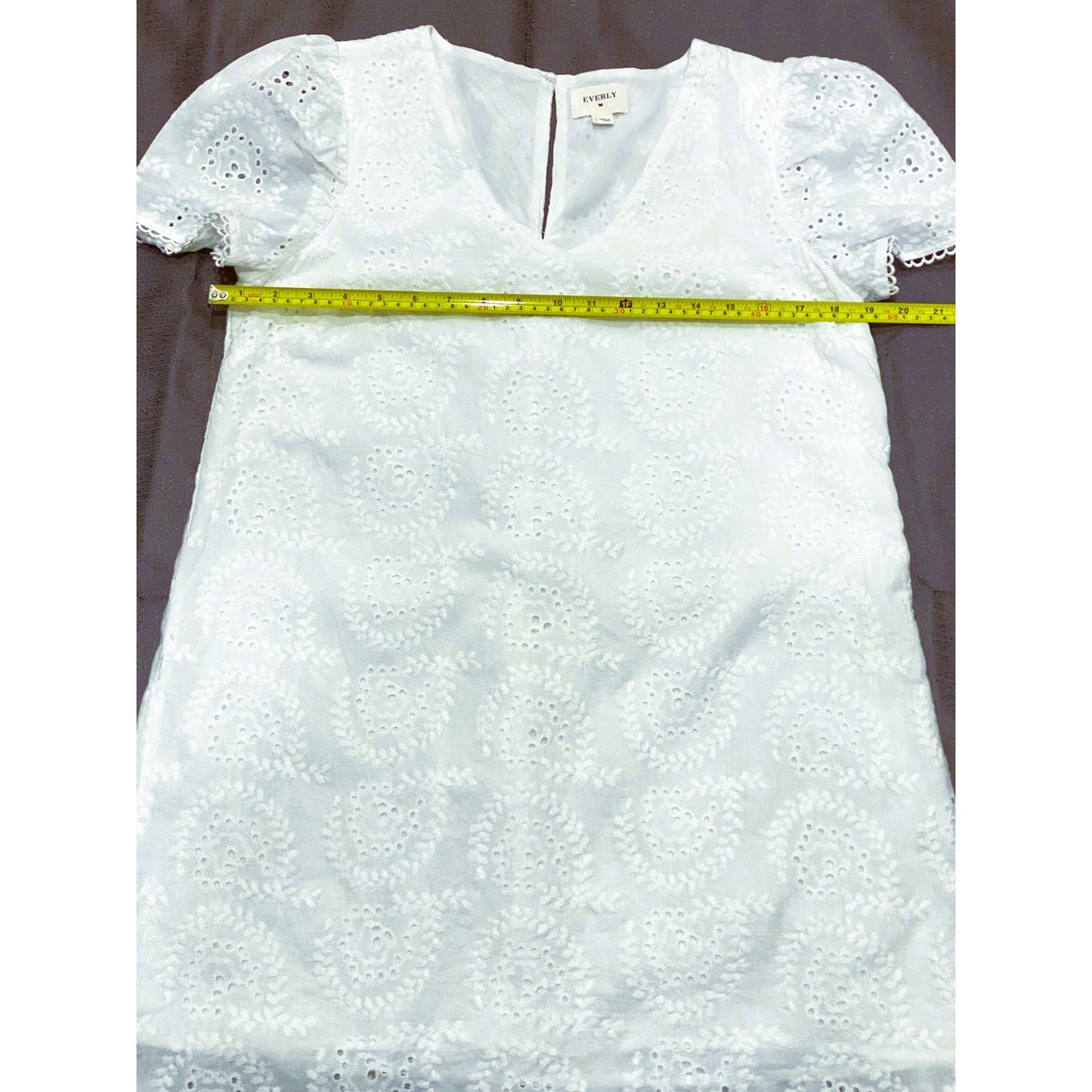 Everly White V-neck Eyelet Cotton Babydoll Mini Dress - Size Large