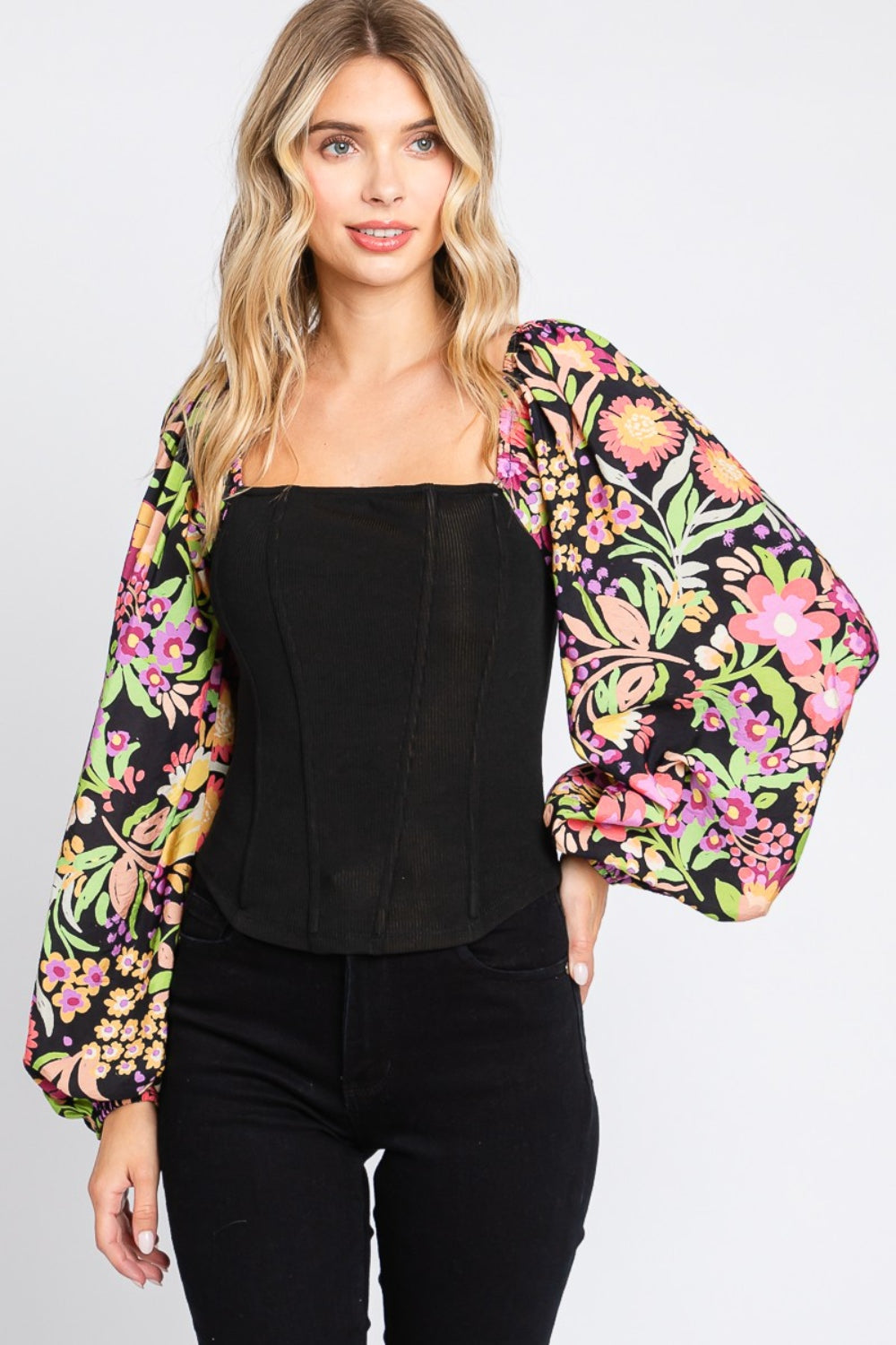 ODDI Full Size Floral Balloon Sleeve Blouse