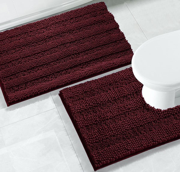 2PC Burgundy Soft Cozy Plush Chenille Bath Mat Set