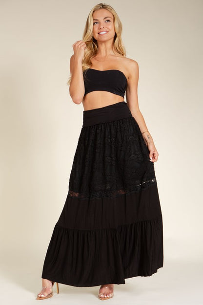 Lace Combo Tier Ruffle Maxi Skirt