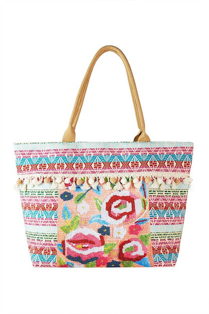 Spring Flower Beaded Embroidered Oversize Tote Bag