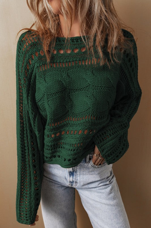 Gray Hollow-out Cable Knit Cropped Sweater