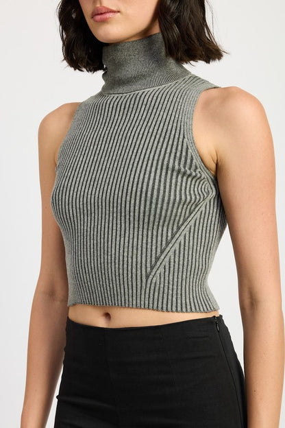 TURTLE NECK RIBBED SLEEVELESS TOP