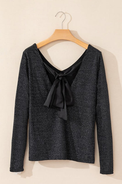 Sweet Bowknot Backless V Neck Long Sleeve Top