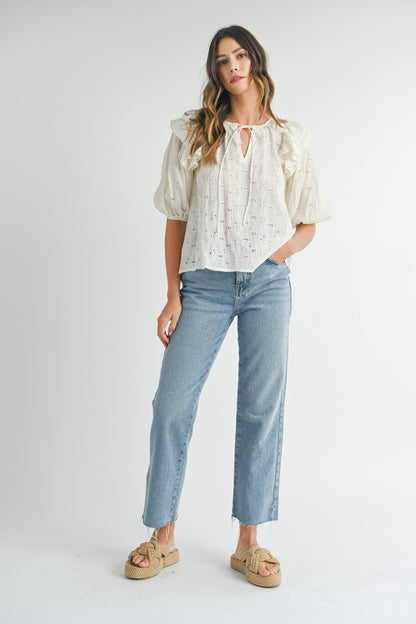 MABLE Eyelet Lace Ruffle Shoulder Puff Sleeve Blouse