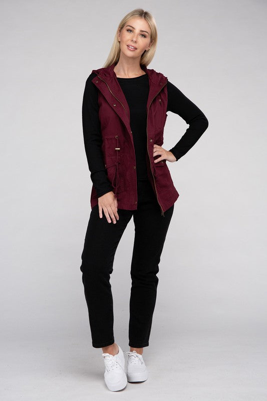 Drawstring Waist Military Hoodie Vest in Burgandy