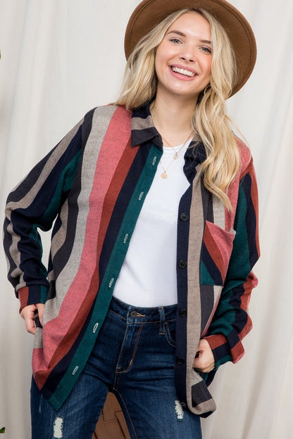 PLUS SIZE COZY STRIPE BUTTON DOWN SHACKET