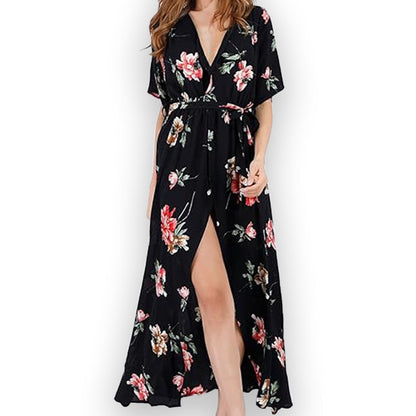 Escalier Black Floral Maxi Faux Wrap Dress - Size XL