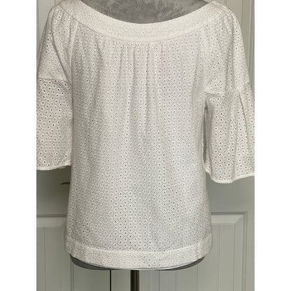 Trina Turk White Cotton Eyelet Blouse w/ Short Bell Sleeves - Small