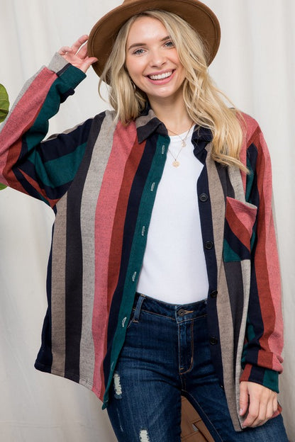 PLUS SIZE COZY STRIPE BUTTON DOWN SHACKET