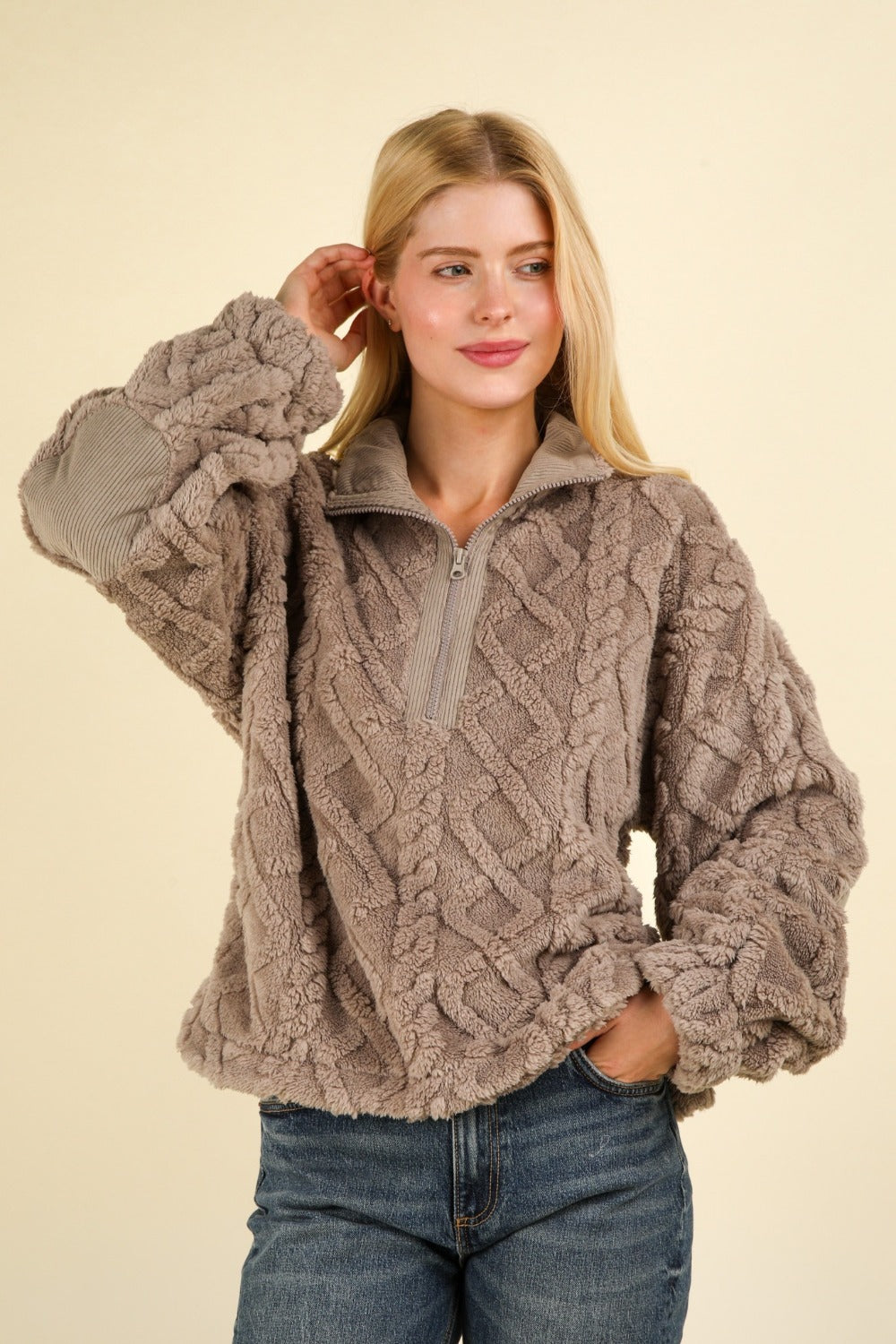 VERY J Fuzzy Fleece Half Zip Cable Pattern Sweatshirt