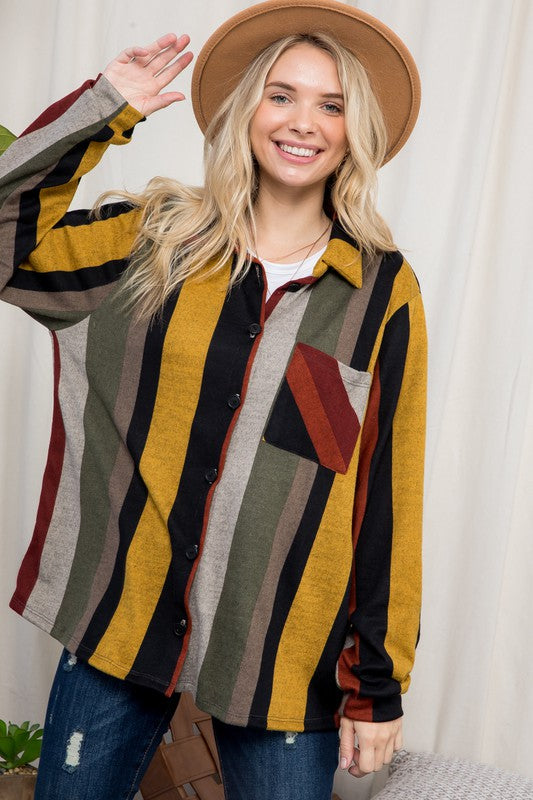 PLUS SIZE COZY STRIPE BUTTON DOWN SHACKET