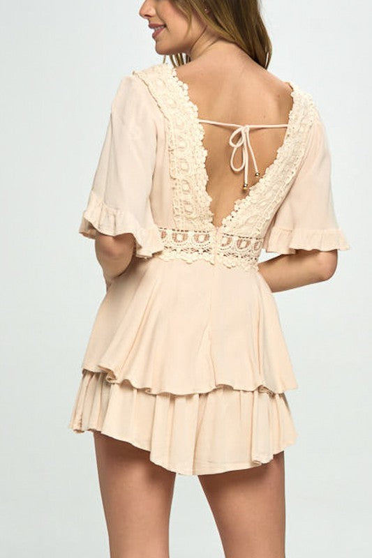 Flutter Sleeved Boho Romper with Crochet Trim