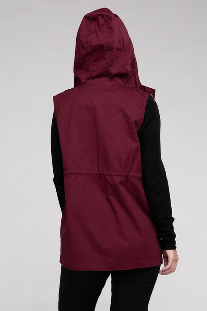 Drawstring Waist Military Hoodie Vest in Burgandy