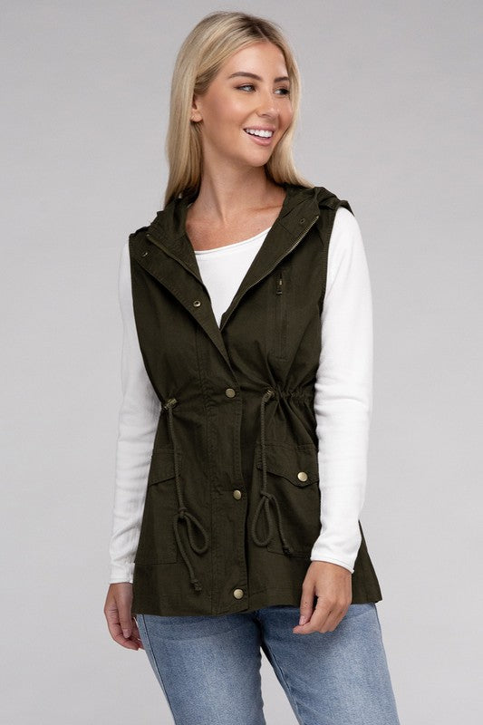 Drawstring Waist Military Hoodie Vest in Burgandy