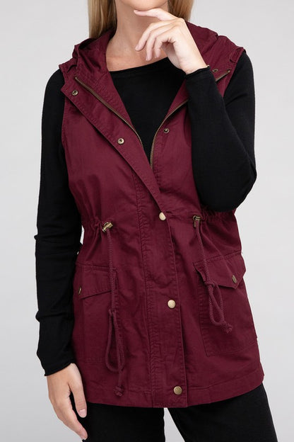 Drawstring Waist Military Hoodie Vest in Burgandy