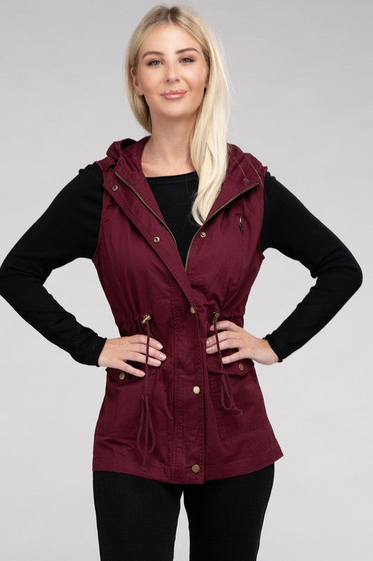 Drawstring Waist Military Hoodie Vest in Burgandy