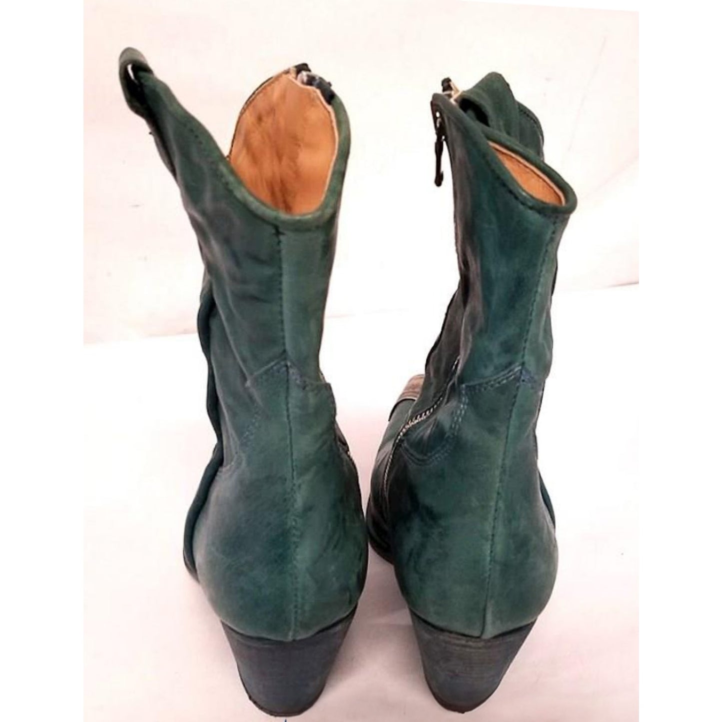 FREE PEOPLE Brayden Green Leather Western Ankle Boots with Metal Toe Caps