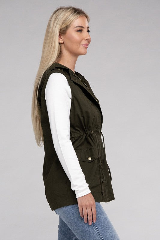 Drawstring Waist Military Hoodie Vest in Burgandy