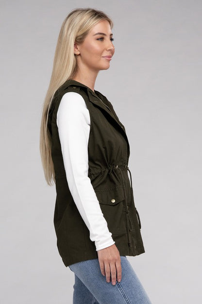 Drawstring Waist Military Hoodie Vest in Burgandy