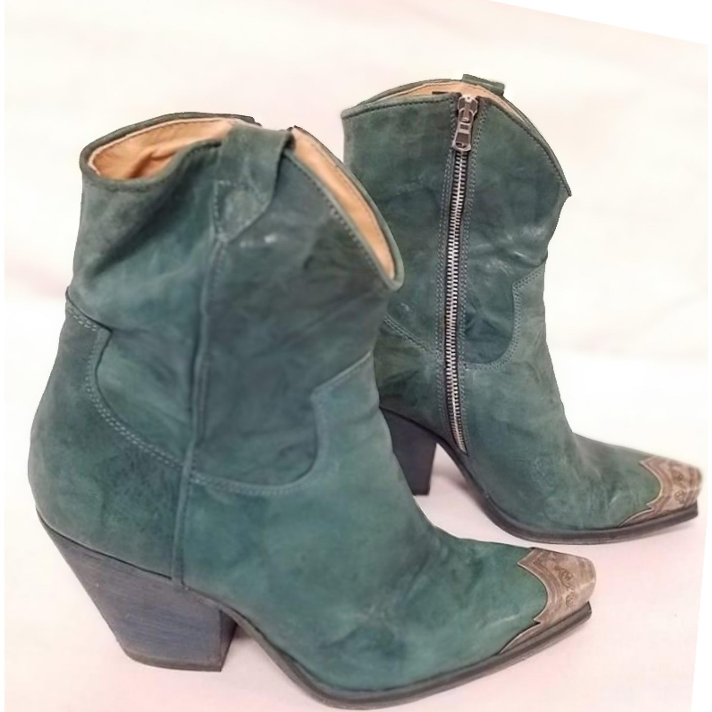 FREE PEOPLE Brayden Green Leather Western Ankle Boots with Metal Toe Caps