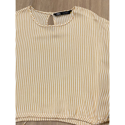 ZARA Yellow White Stripped Side Tie Short Sleeve Crop Top - Size M