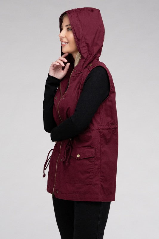 Drawstring Waist Military Hoodie Vest in Burgandy