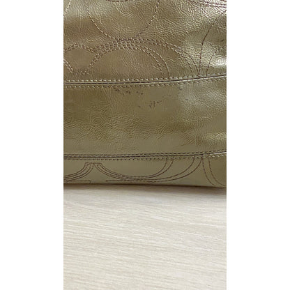 COACH Signature Stripe Stitch Patent Leather Tote Green Shoulder Bag