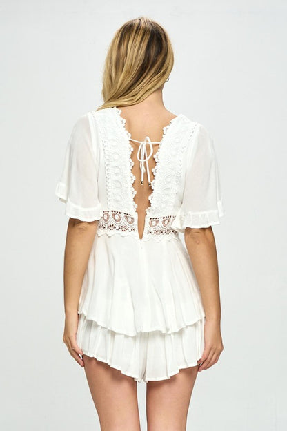 Flutter Sleeved Boho Romper with Crochet Trim