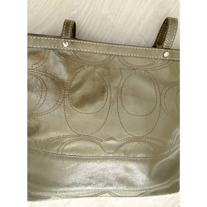 COACH Signature Stripe Stitch Patent Leather Tote Green Shoulder Bag