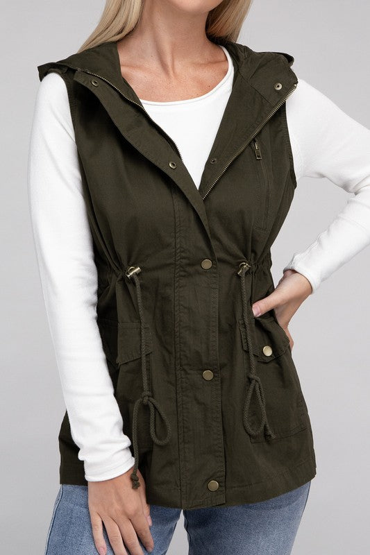 Drawstring Waist Military Hoodie Vest in Burgandy