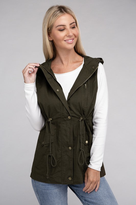 Drawstring Waist Military Hoodie Vest in Burgandy