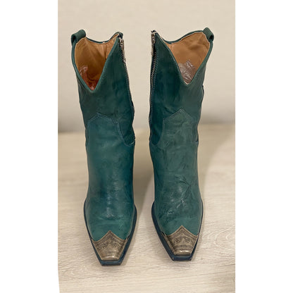 FREE PEOPLE Brayden Green Leather Western Ankle Boots with Metal Toe Caps