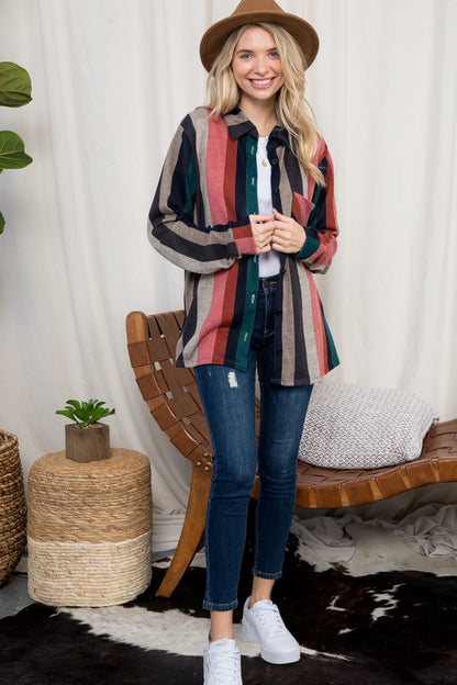 PLUS SIZE COZY STRIPE BUTTON DOWN SHACKET