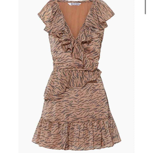 NWT WALTER BAKER Wrap-Effect Ruffled Tiger-Print Crepon Mini Dress - XS