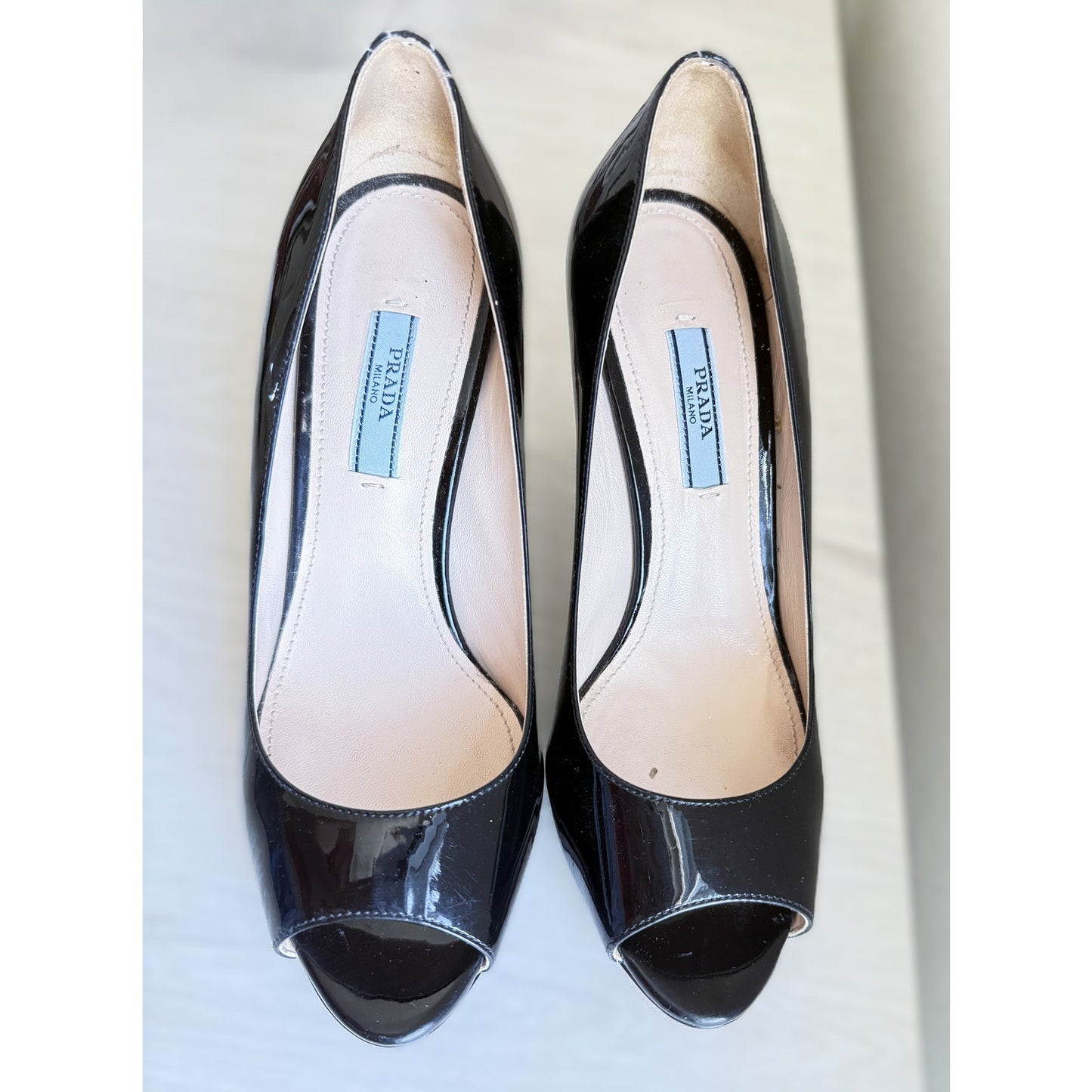 Prada Patent Leather Peep-Toe Pumps - Size 36.5 EU