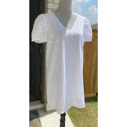 Everly White V-neck Eyelet Cotton Babydoll Mini Dress - Size Large